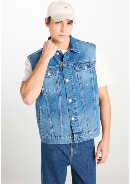 %100 Pamuk Relaxed Fit Geniş Kesim Cep Detaylı Mavi Denim Yelek