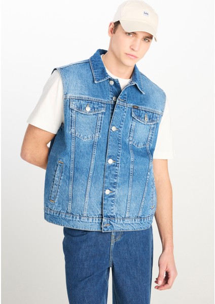 %100 Pamuk Relaxed Fit Geniş Kesim Cep Detaylı Mavi Denim Yelek