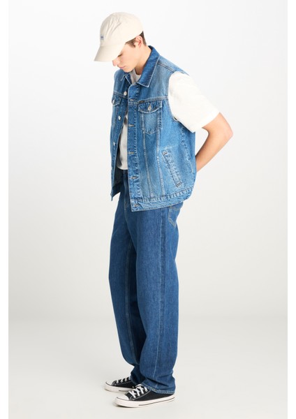 %100 Pamuk Relaxed Fit Geniş Kesim Cep Detaylı Mavi Denim Yelek