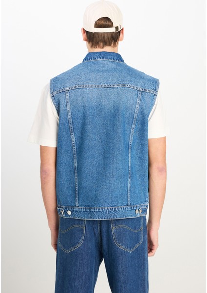 %100 Pamuk Relaxed Fit Geniş Kesim Cep Detaylı Mavi Denim Yelek