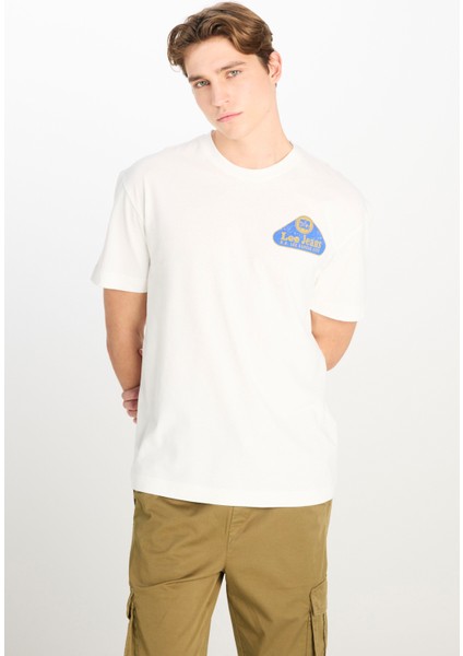 %100 Pamuk Relaxed Fit Geniş Bisiklet Yaka Baskılı Ekru Tişört