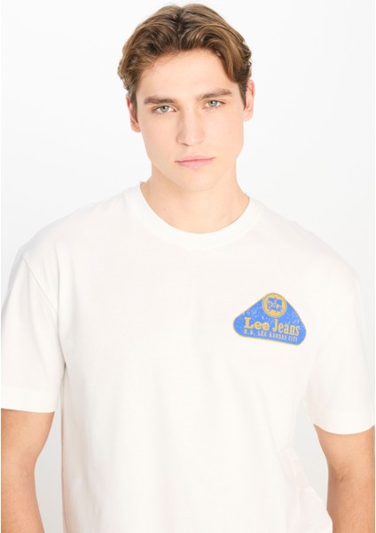 %100 Pamuk Relaxed Fit Geniş Bisiklet Yaka Baskılı Ekru Tişört fırsatları