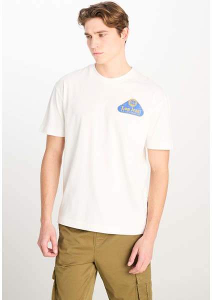 %100 Pamuk Relaxed Fit Geniş Bisiklet Yaka Baskılı Ekru Tişört indirimleri