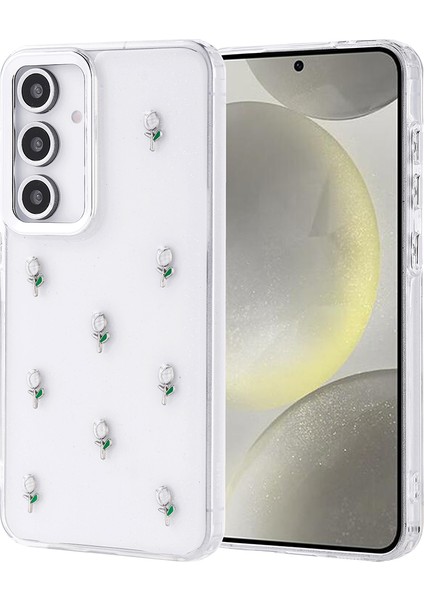 Samsung Galaxy A16 Uyumlu Kamera Koruyuculu Simli Lale Desenli Kabartmalı Şeffaf Slikon Kapak