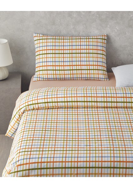 Color Grid Kolay Ütülenir Çift Kişilik Nevresim Takımı 200X220 cm Turuncu-Yeşil
