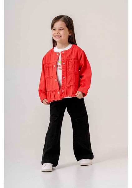 Cepli Kırmızı Ceket, Baskılı Tişört ve Bol Paça Pantolon 3'lü Kız Çocuk Takımı - Turuncu