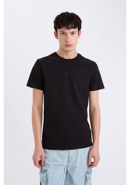 %100 Pamuk Slim Fit Dar Kesim Bisiklet Yaka Baskılı Kısa Kollu Tişört D5566AX25SP