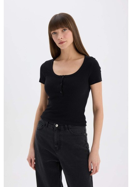 Slim Fit Dar Kesim Yuvarlak Yaka Basic Düz Fitilli Kaşkorse Kısa Kollu Siyah Tişört E5781AX25SP