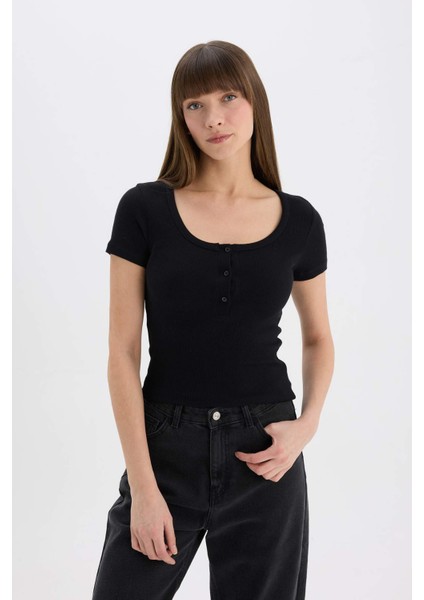 Slim Fit Dar Kesim Yuvarlak Yaka Basic Düz Fitilli Kaşkorse Kısa Kollu Siyah Tişört E5781AX25SP