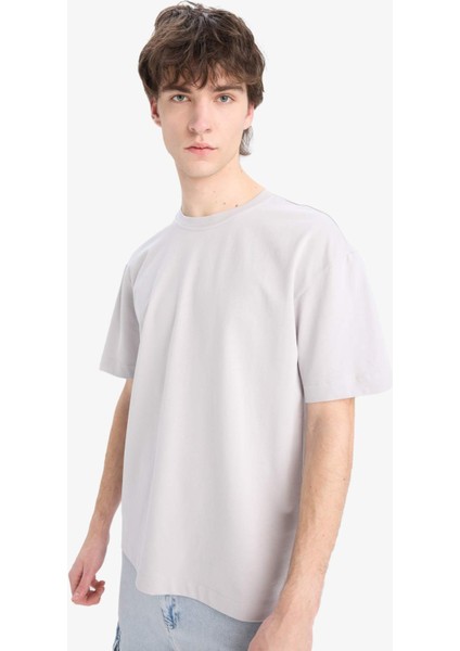 Oversize Geniş Kalıp Bisiklet Yaka Basic Düz Kısa Kollu Tişört E6885AXNS