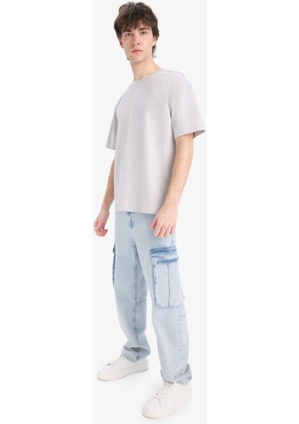 Oversize Geniş Kalıp Bisiklet Yaka Basic Düz Kısa Kollu Tişört E6885AXNS