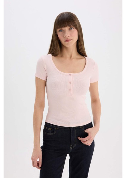 Slim Fit Dar Kesim Yuvarlak Yaka Basic Düz Fitilli Kaşkorse Kısa Kollu Tişört E5781AX25SP