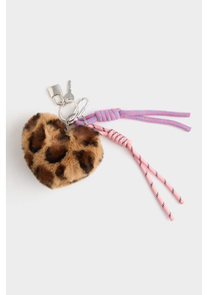 Kadın Pelüş Leopar Desenli Kalp Charm Anahtarlık E6620AXNS