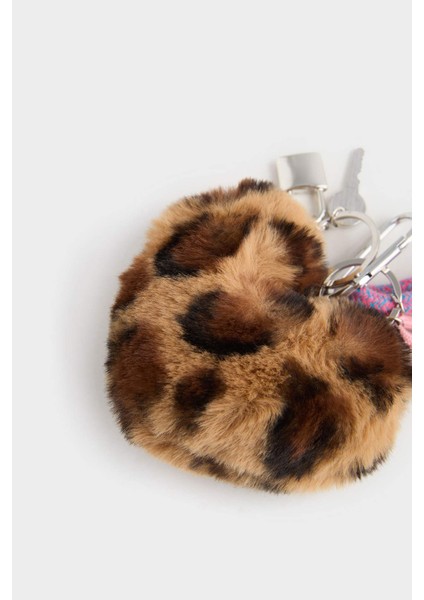 Kadın Pelüş Leopar Desenli Kalp Charm Anahtarlık E6620AXNS
