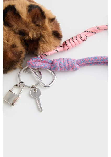 Kadın Pelüş Leopar Desenli Kalp Charm Anahtarlık E6620AXNS