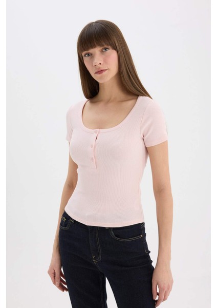 Slim Fit Dar Kesim Yuvarlak Yaka Basic Düz Fitilli Kaşkorse Kısa Kollu Tişört E5781AX25SP