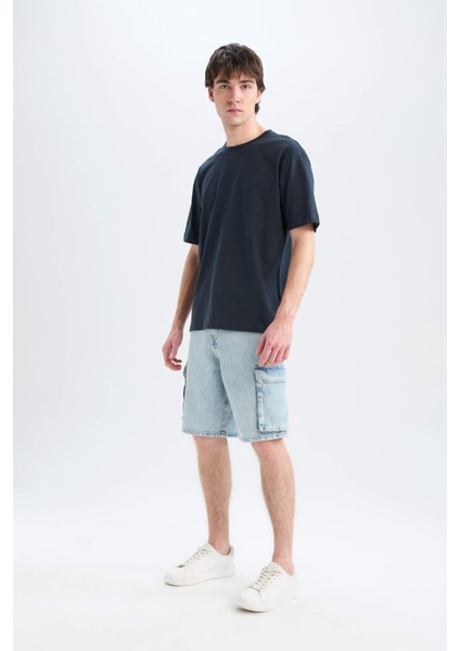 Oversize Geniş Kalıp Bisiklet Yaka Basic Düz Kısa Kollu Tişört E6885AXNS
