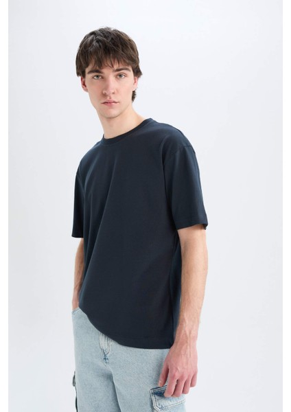 Oversize Geniş Kalıp Bisiklet Yaka Basic Düz Kısa Kollu Tişört E6885AXNS