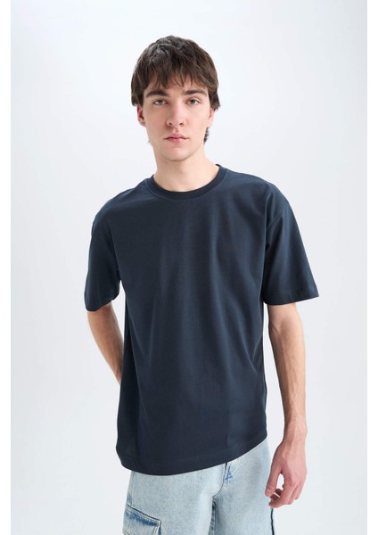 Oversize Geniş Kalıp Bisiklet Yaka Basic Düz Kısa Kollu Tişört E6885AXNS