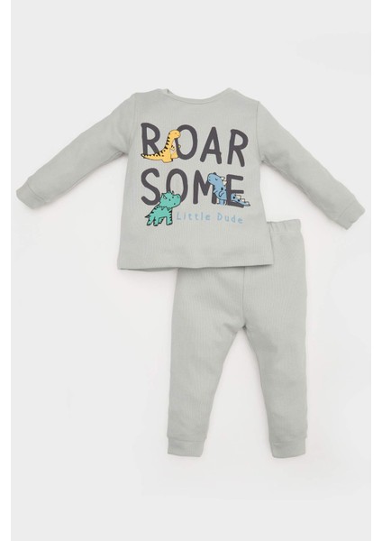 Erkek Bebek Pijama Takımı Dinazor Baskılı Waffle Uzun Kollu Üst Beli Lastikli Uzun Alt E0754A525SP