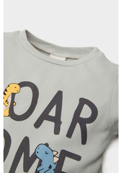 Erkek Bebek Pijama Takımı Dinazor Baskılı Waffle Uzun Kollu Üst Beli Lastikli Uzun Alt E0754A525SP