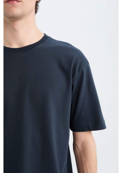 Oversize Geniş Kalıp Bisiklet Yaka Basic Düz Kısa Kollu Tişört E6885AXNS