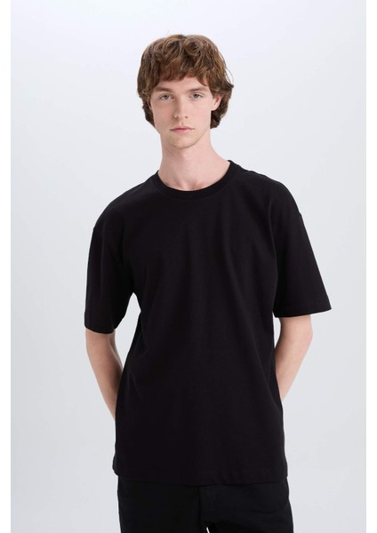 Oversize Geniş Kalıp Bisiklet Yaka Basic Düz Kısa Kollu Tişört E6885AXNS