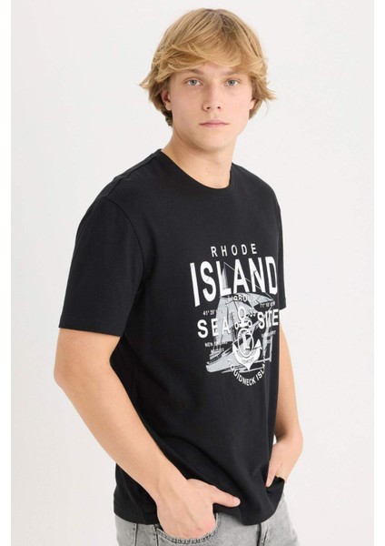 %100 Pamuk Regular Fit Bisiklet Yaka Baskılı Kısa Kollu Tişört D9353AX25SP