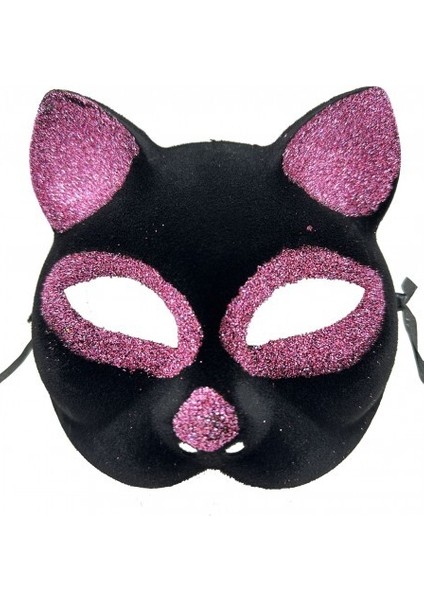 Siyah Renk Pembe Simli Kedi Maskesi