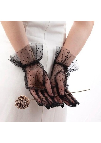 Kısa Güpürlü Siyah Puantiyeli Tül Eldiven indirimleri