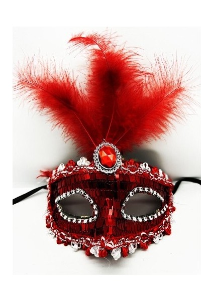 Kırmızı Payetli Pullu Tüylü Parti Maskesi
