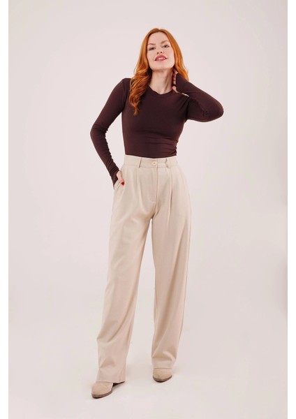Premium Odel Oturtmalı Krem Pantolon