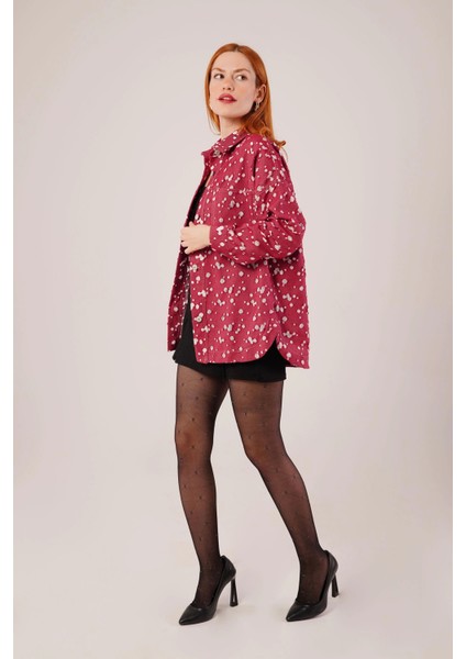 Eskitme Görünümlü Denim Bordo Gömlek