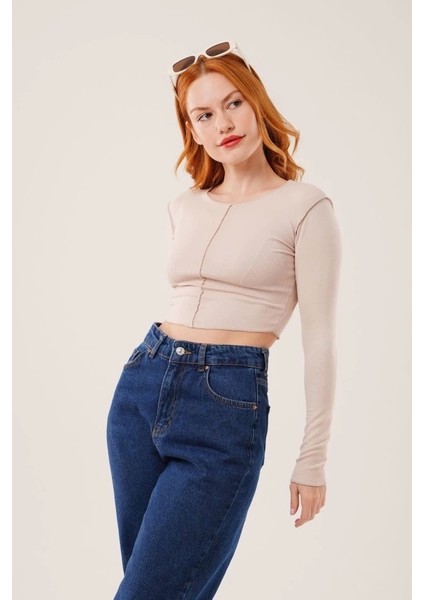 Ters Dikişli Basic Krem Body Bluz