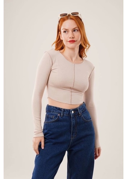 Ters Dikişli Basic Krem Body Bluz