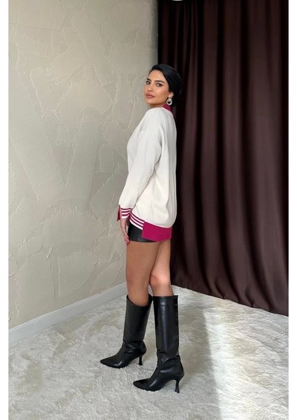 Fuşya Yaka ve Manşet Garnili Triko Kazak