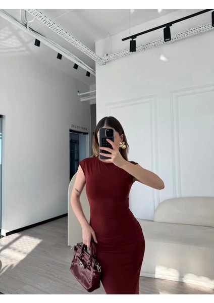 Kolsuz Uzun Likralı Elbise Bordo