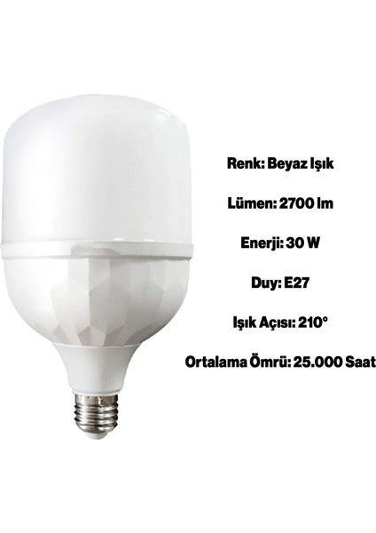 Tasarruflu Torch Ampul 30 W LED Lamba Beyaz E27 Duy 25.000 Saat Uzun Ömürlü 220 Volt Elektrik 1 Adet