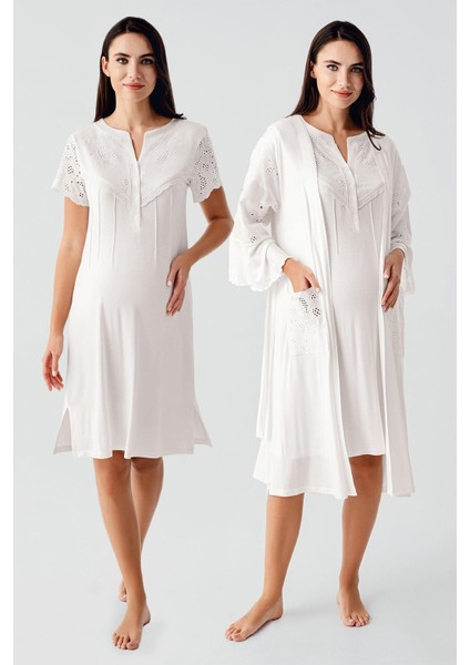 Kısa Kollu Düğmeli Vual Detaylı Esnek Viskoz Hamile Sabahlık Gecelik Takım 17403 fiyatları