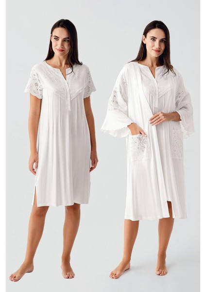 Kısa Kollu Düğmeli Vual Detaylı Esnek Viskoz Hamile Sabahlık Gecelik Takım 17403 fırsatları