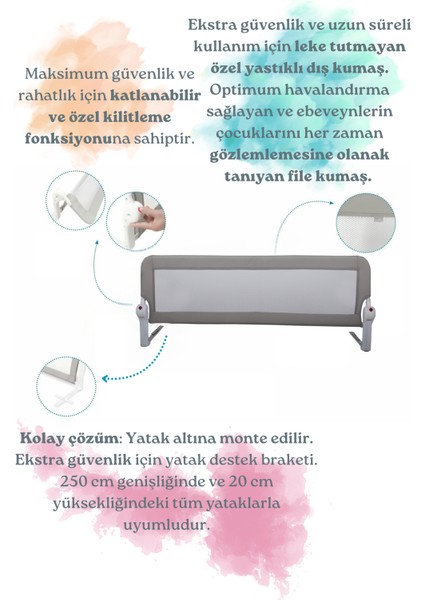 180 - 65 cm Bebek Çocuk Güvenlik Yatak Bariyeri Katlanabilir Baza Korkuluğu Gri Bed Rail For Baby