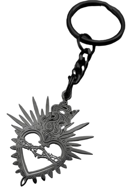 Alevli Kutsal Kalp Charms Dikenler Kutsal Kalp Anahtarlık Kadınlar Erkekler Için Paslanmaz Çelik Siyah Inanç Hollow Anahtarlık Takı (Yurt Dışından)