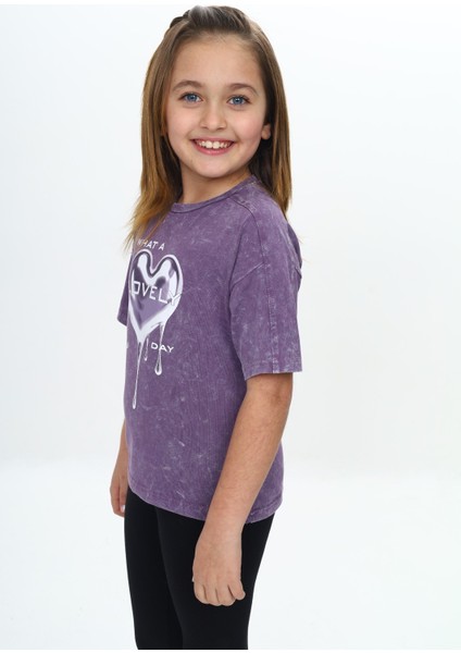 Kız Çocuk Yıkamalı Kalp Baskılı Tişört modelleri