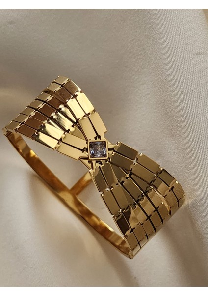 Dorika Model Zirkon Taşlı Kalın Kelepçe Çelik Bileklik Gold fiyatları