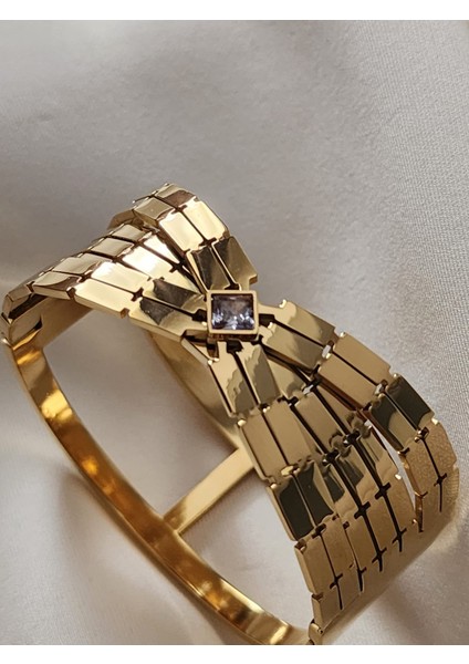Dorika Model Zirkon Taşlı Kalın Kelepçe Çelik Bileklik Gold modelleri