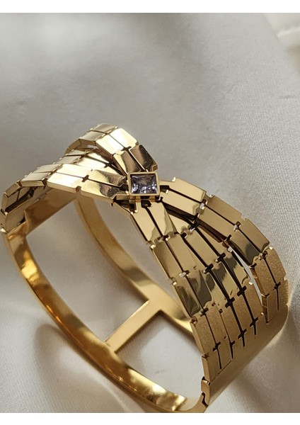 Dorika Model Zirkon Taşlı Kalın Kelepçe Çelik Bileklik Gold indirimleri