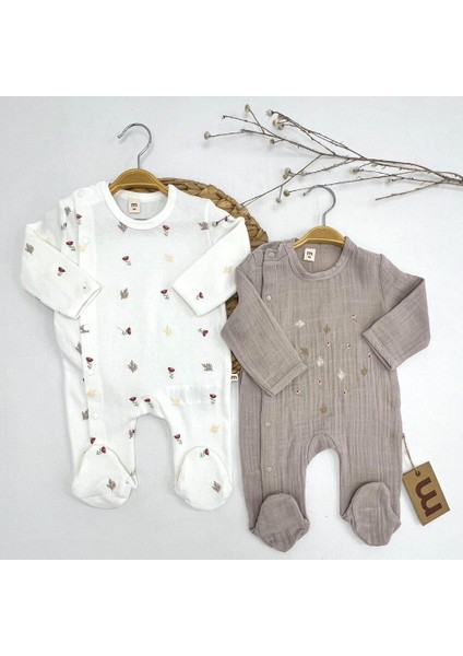 4855MS Bebek Çiçekli Müslin Şapkalı 2'li Tulum