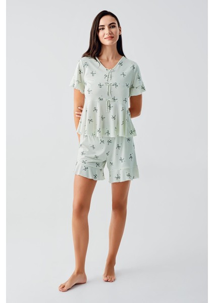 Fiyonk Desenli Kısa Kollu Esnek Viskoz Şort Pijama Takım 17205