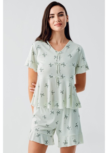 Fiyonk Desenli Kısa Kollu Esnek Viskoz Şort Pijama Takım 17205 fiyatları
