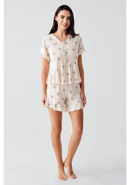 Fiyonk Desenli Kısa Kollu Esnek Viskoz Şort Pijama Takım 17205